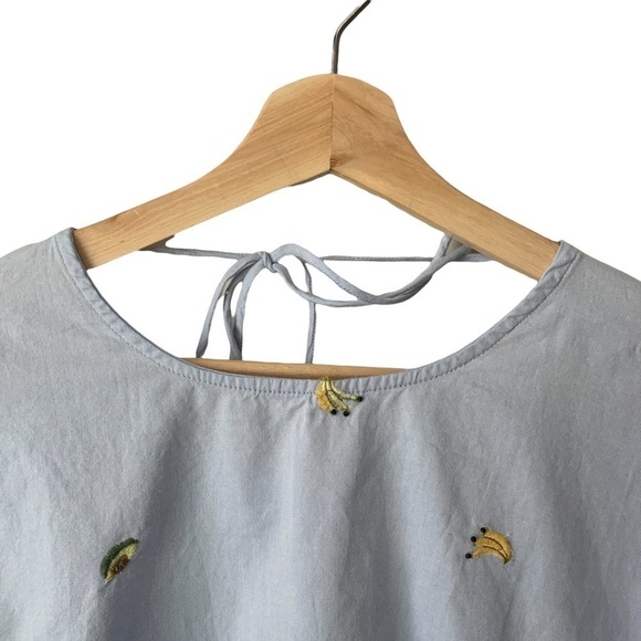 Zara Chambray Light Blue Open Back Embroidered Fruit Shirt Women’s Size Small - Picture 10 of 10